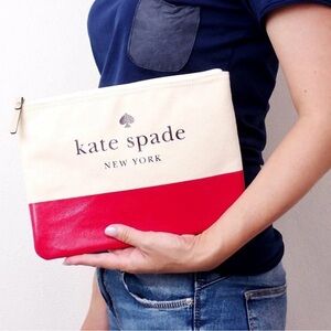 *KATE SPADE* New York Ash Street Gia Clutch Zip Bag Cream Canvas Red NWT